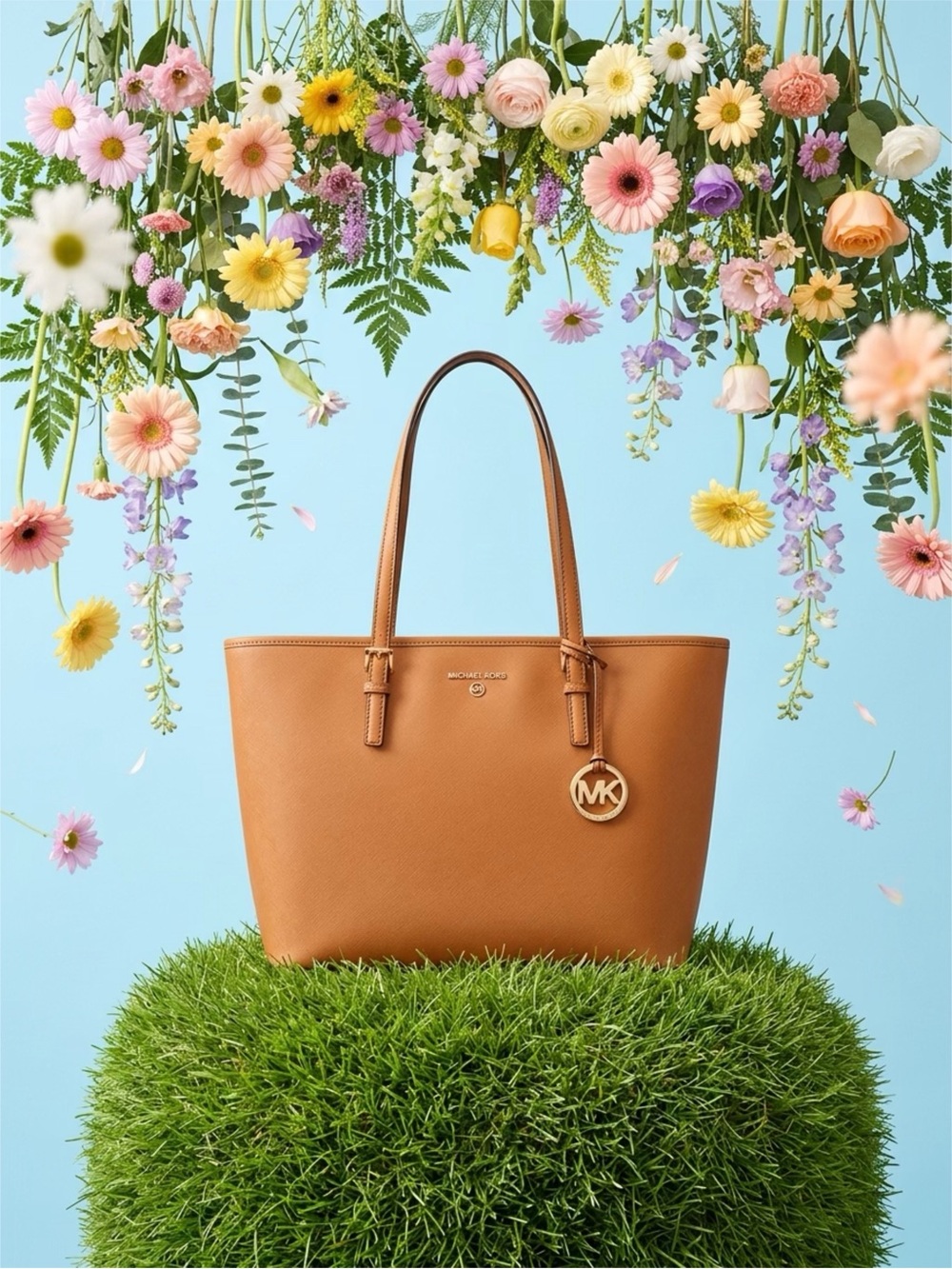 Michael Kors Tan Leather Saffiano Tote City Tote with MK Charm